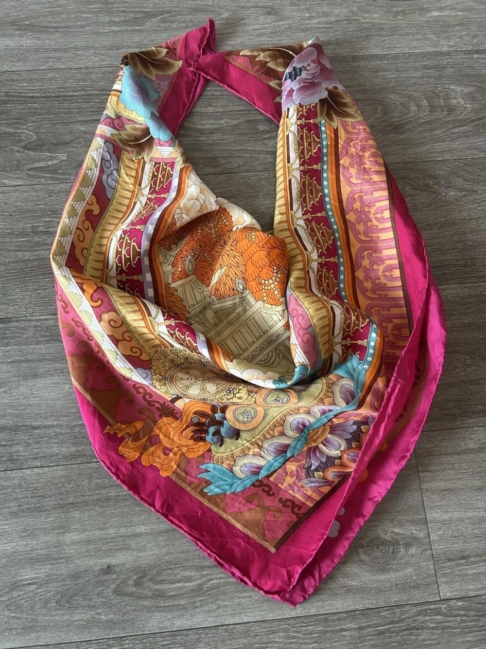Silk Scarf 34” Tibetan Asian Temple Floral Crane Hand Rolled Fuchsia